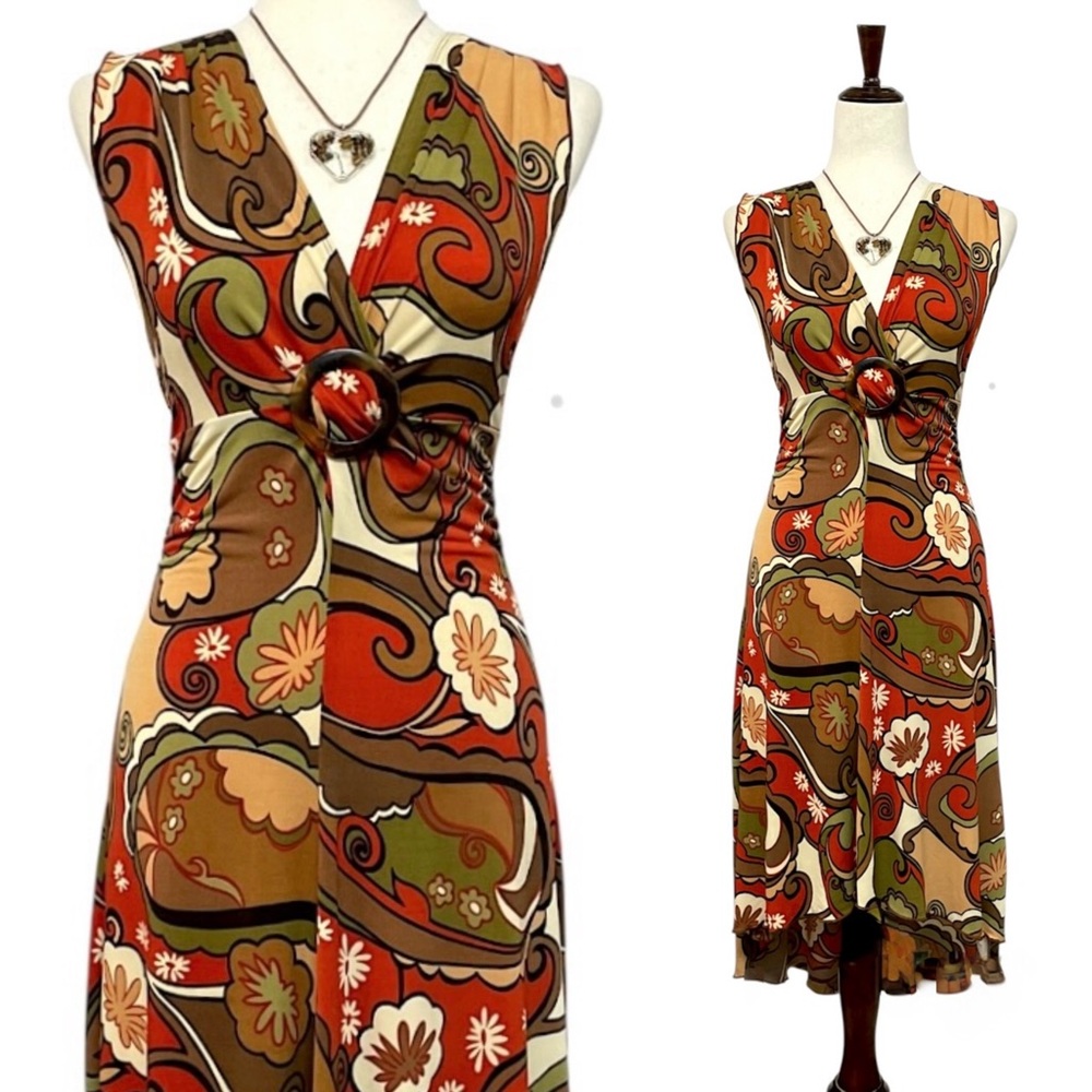 Vintage 90s Speechless Psychedelic Floral Midi Dress M Brown Groovy 70s Boho Y2K